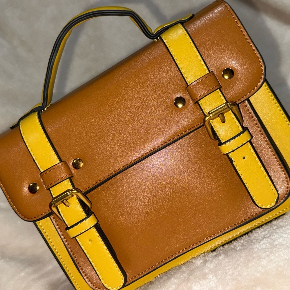 Vintage Banned Retro Mini Messenger Handbag Satchel Toffee & Sunshine Yellow EUC - Picture 5 of 15
